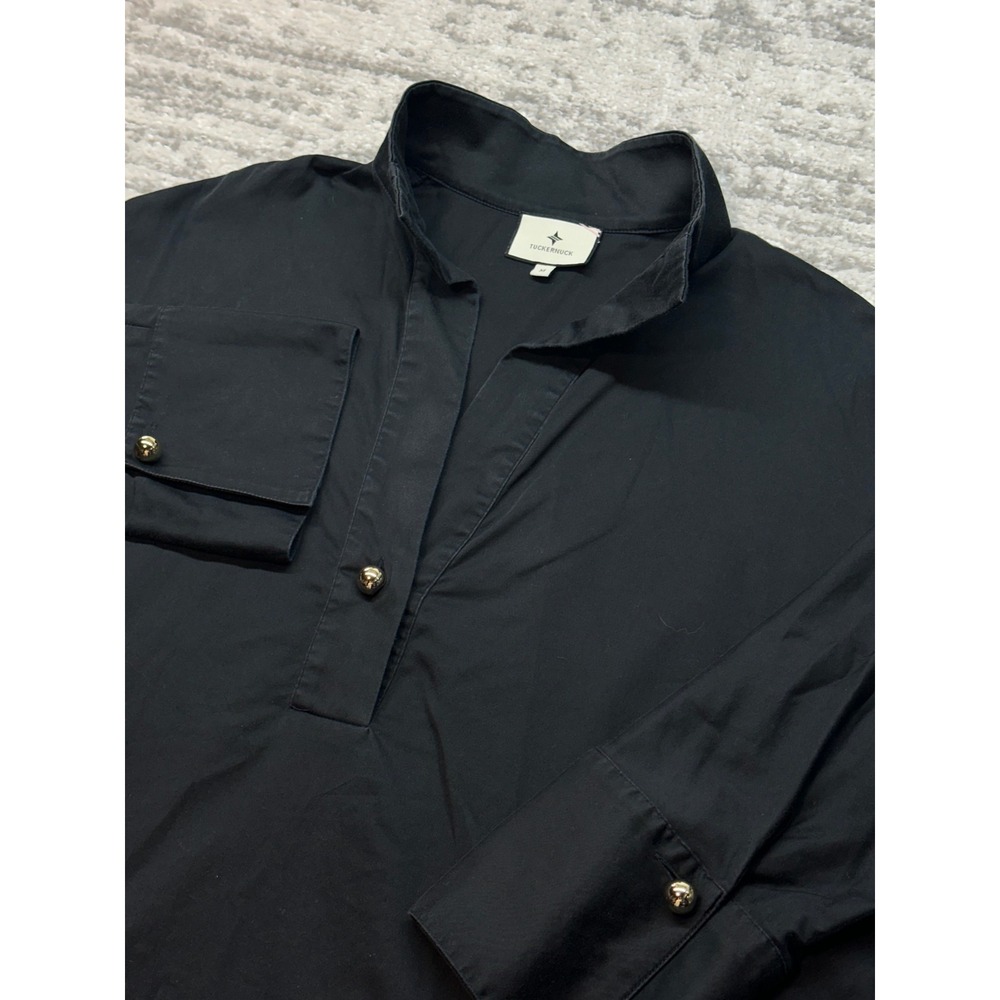 Tuckernuck Tunic Top Womens M Black Gold Button V-Neck Poplin Stretch Cotton